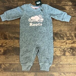 NWT Roots Gray and Pink Footies One Piece with Iconic Logo